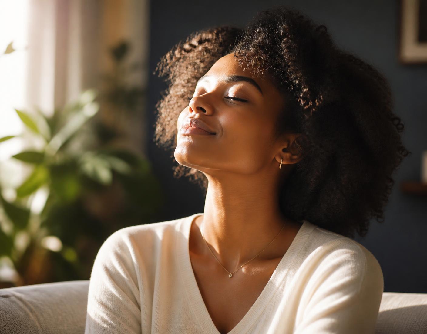 A woman sitting in warm window light with her eyes closed, looking calm and relieved